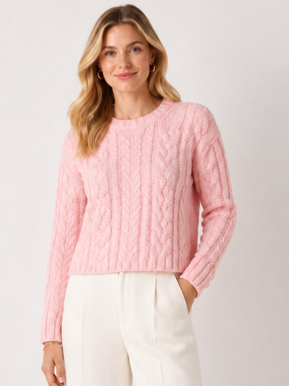 2025 J Crew Cable Knit Crewneck Sweater in Delicate Bloom
